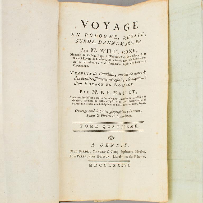 A set of 4 book, William Coxe: Voyage en Pologne, Russie, Suède, Dannemarc,  1-4 vol.   Buisson, Genève, Buisson, 1786.