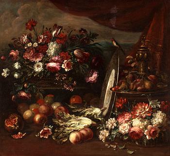 1102. Italian school, 18th Century. Still life with flowers, fruits, trophy and a silver platter with a sitting bird.