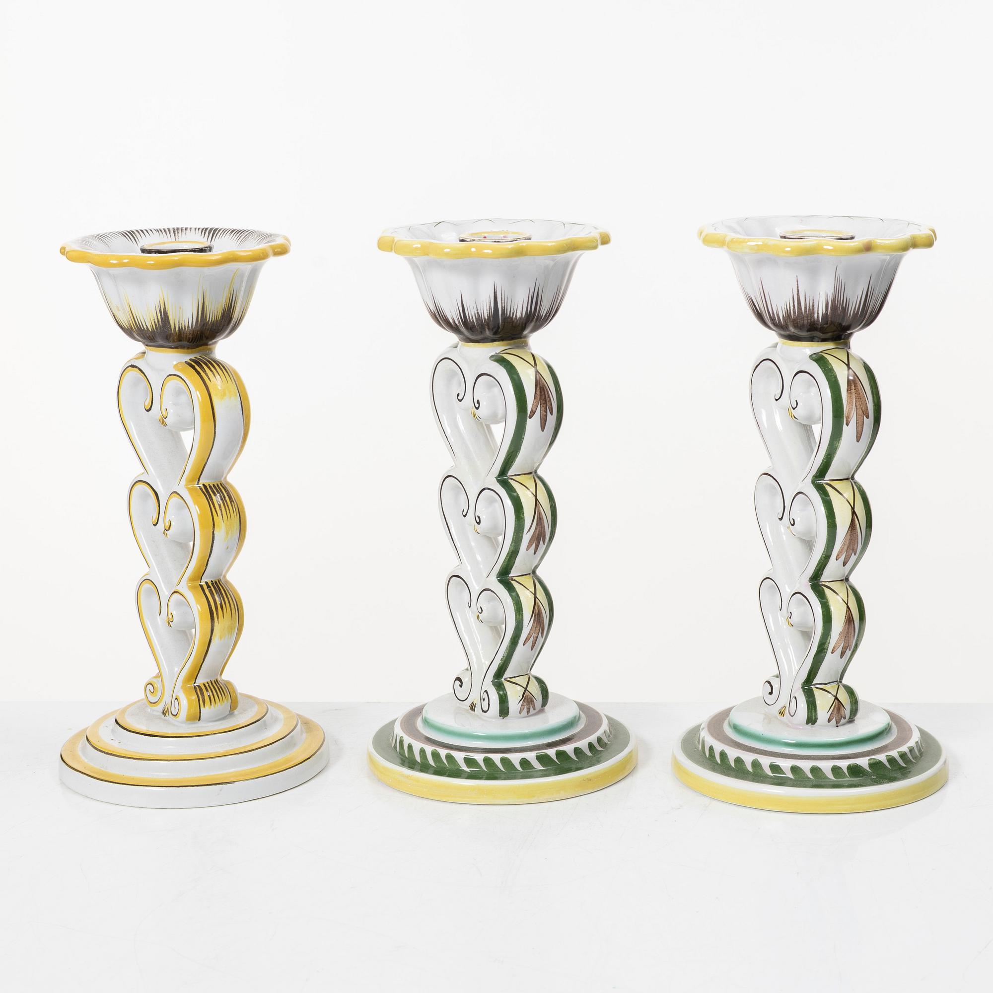 Arthur Percy, three 'Tre hjärtan' candlesticks, Gefle.