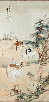 1664. MÅLNING. Sen Qing dynastin (1644-1912). Landskap med hästar och herdar.