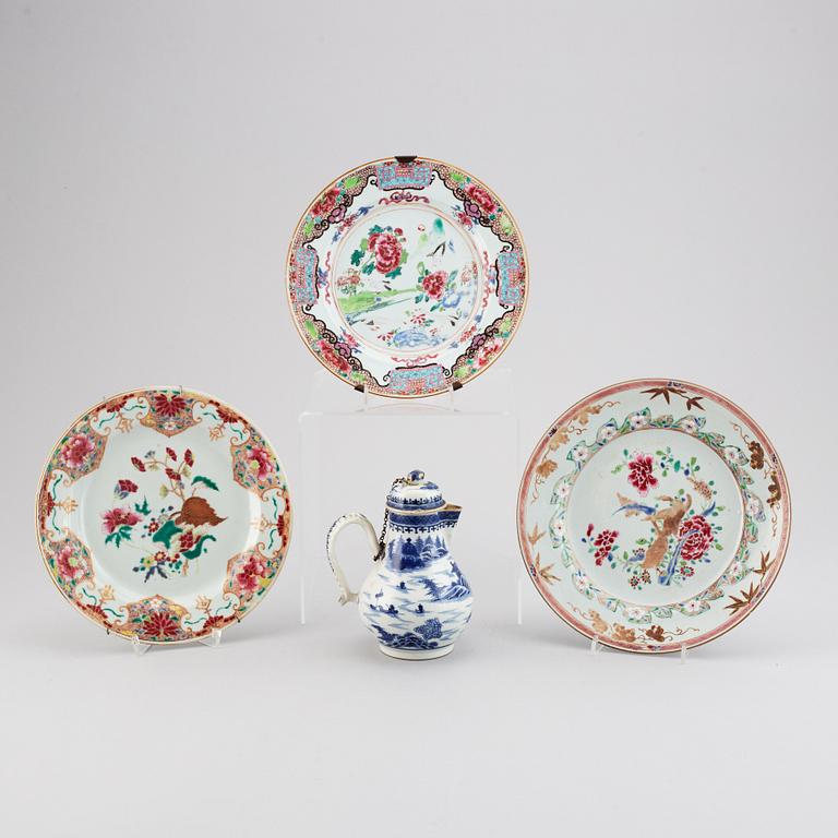 Three famille rose plates and one export porcelain pot with cover, Qing dynasty, Qianlong (1736-95).