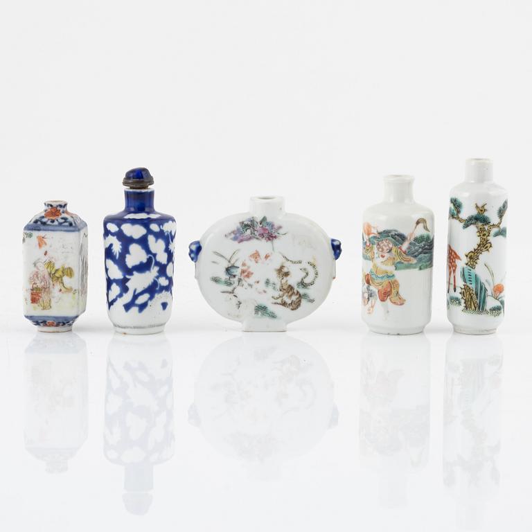 Five porcelain snuffbottles, China, 19th-20th century.