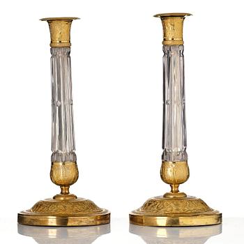 A pair of Russian ormolu and cut-glass Empire candlesticks, presumably St Petersburg, ca 1820.