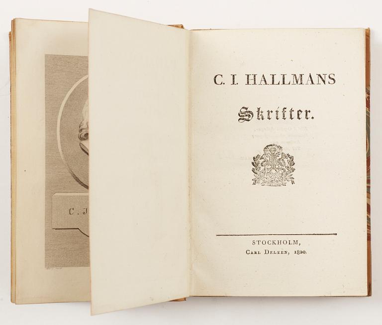BÖCKER, 2 vol, CJ. Hallmans Skrifter, Stockholm 1820 resp "Donnerpamp... samt Intermede" av CJ Hallman, Stockholm 1782.