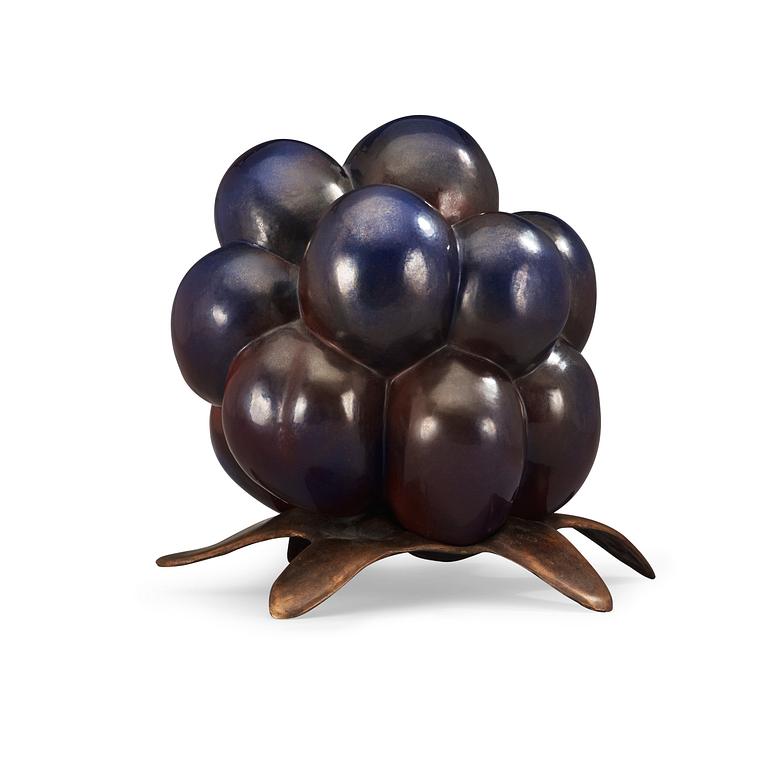 A Hans Hedberg faience sculpture of a blackberry with a patinated bronze stand, Biot, France.