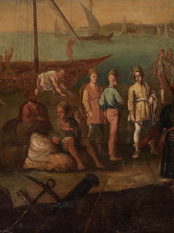 Hendrik van Minderhout, follower of, Harbor scene with oriental merchants.