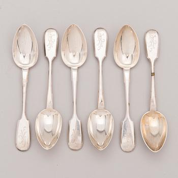 Six Russian silver spoons by purveyer of the court (Морозовь) Morozov S:t Petersburg 1908-1926. Weight c. 314 g.