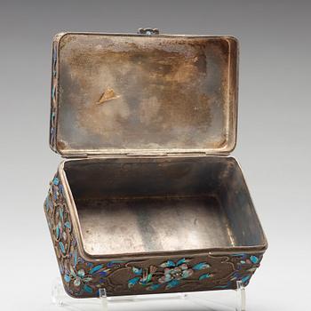 A silvered and enamelled box with cover with stone inlay, China, early 20th Century.