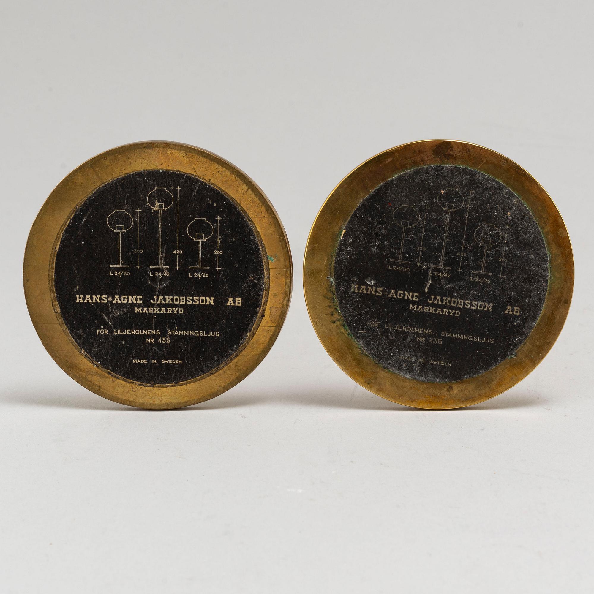 HANS-AGNE JAKOBSSON, a pair of brass and glass candle holders, Markaryd.