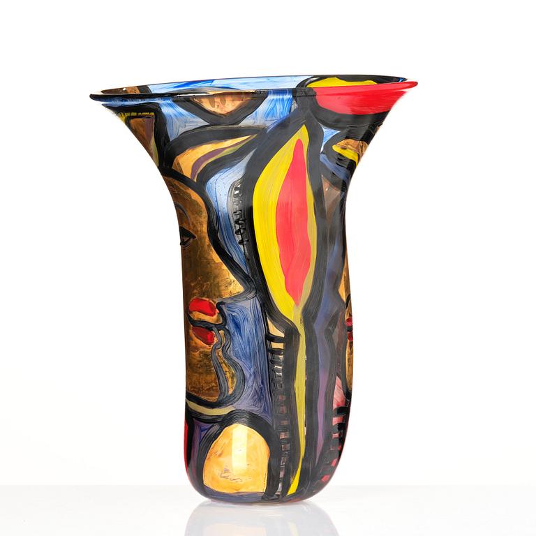 Ulrica Hydman-Vallien, a unique enamel painted glass vase, Kosta Boda, Sweden.