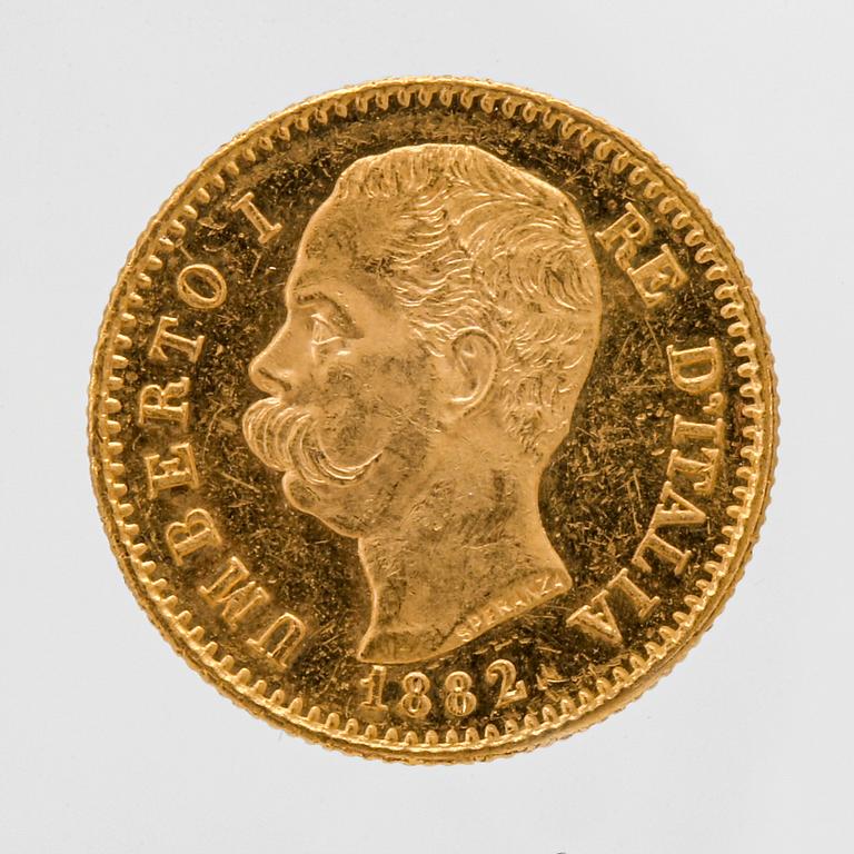 Coin, guld 21,6K (900), L 20 Italien 1882, vikt c 6,4 g.