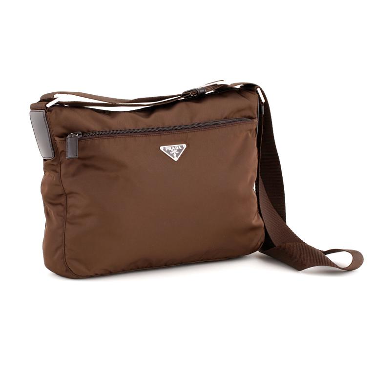 PRADA, a brown nylon crossbody bag.