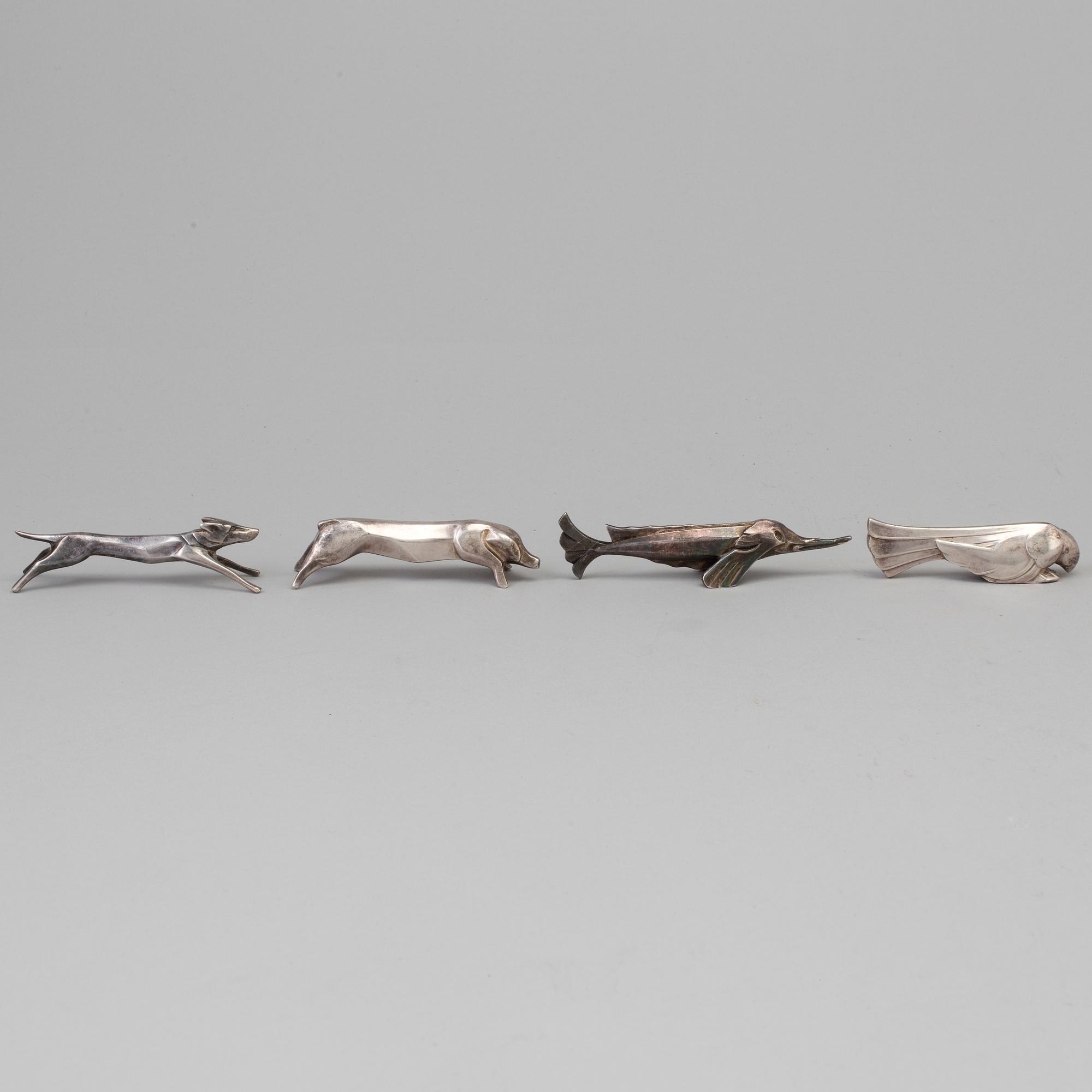 12 silver plated animal-shaped knife rests designed by Marcel Edouard Sandoz for Gallia Christofle, France.