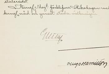 KUNGLIGA AUTOGRAFER, 2 st, av Konung Oscar II i egenskap av riksföreståndare resp Konung Gustav V, dat 1867 resp 1911.