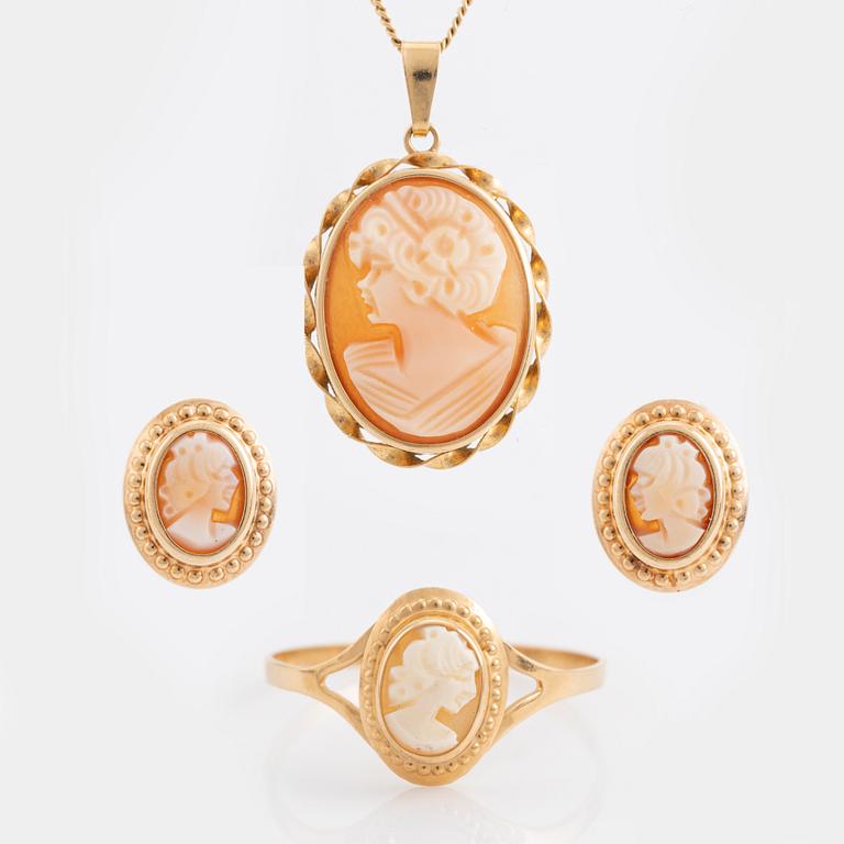 Smyckesset, 3-delar, guld med snäcklascamé.