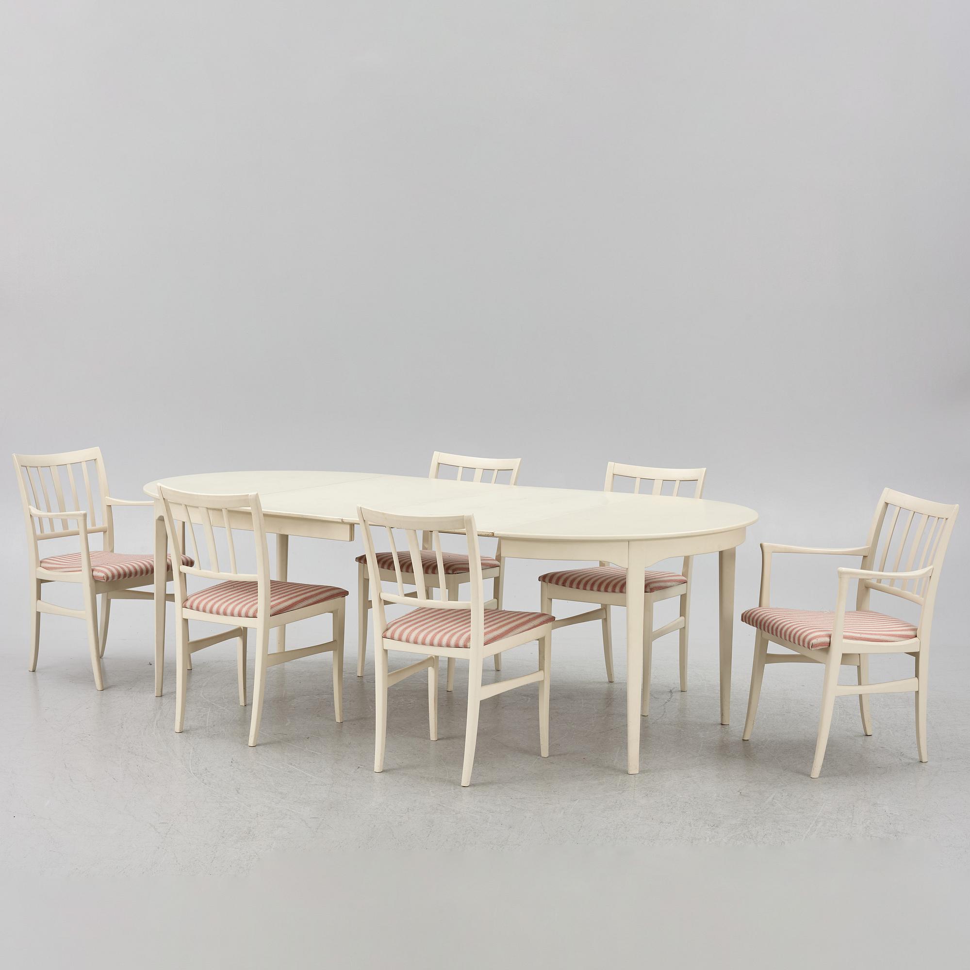 Carl Malmsten, dining table, 2 armchairs, 4 chairs, "Talavid", Waggeryd's Furniture Factory, second half of the 20th century.
