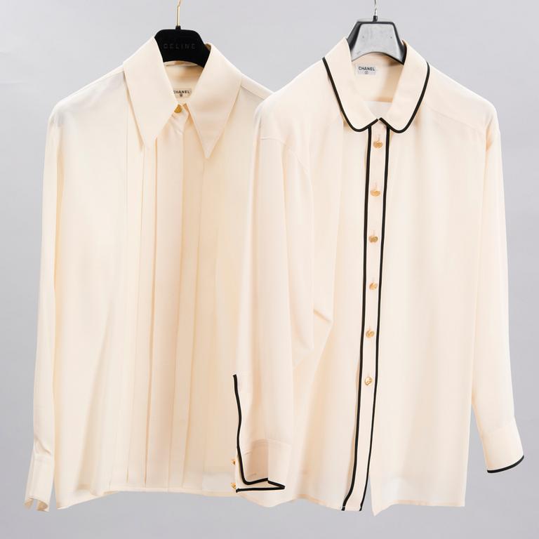 Two Chanel Crepe de Chine Cream Coloured Silk Blouses.