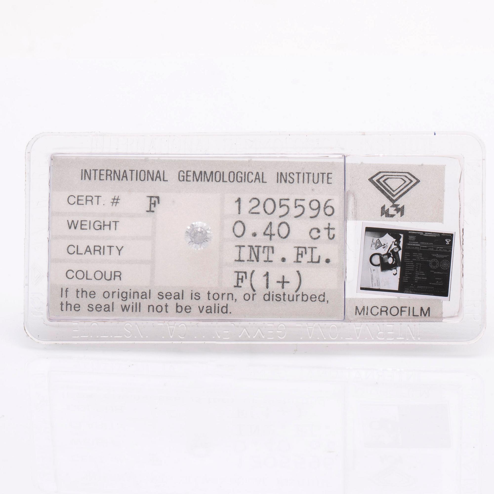 Brilliant-cut diamond 0,40 ct, F IF, IGL cerificate 1981.