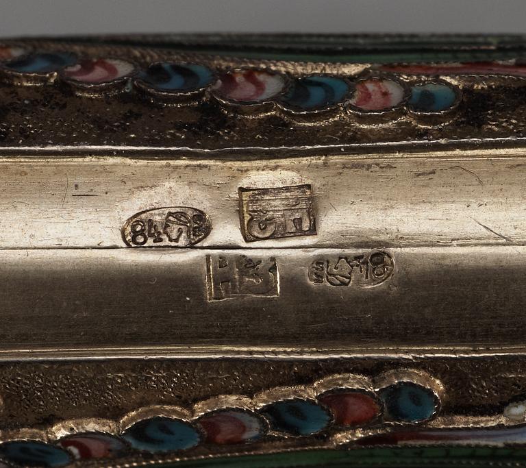 A Russian silver-gilt and enamel cigarette-case, makers mark of Nikolaj Swerew, Moscow 1896-1908.