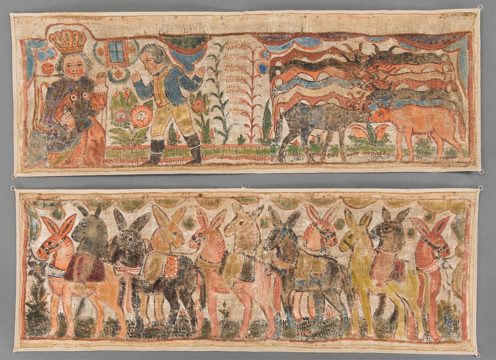 A lot of four traditional folk art wall paintings southern Sweden 19th century.