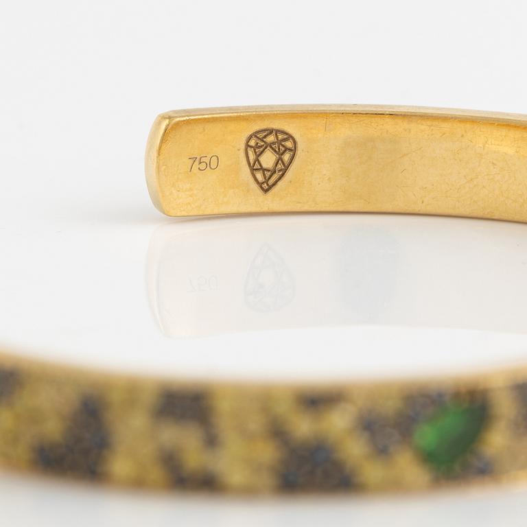 Crow's nest jewels, gold, black and yellow diamond and pear shaped tsavorite bangle.