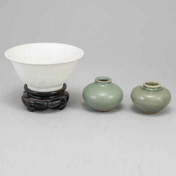 A white glazed bowl and two celadon glazed pots, Mingdynasty and older, shipwreck.