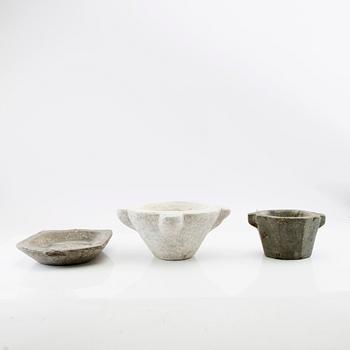 Mortars, 2 pieces, and a dish, late 19th/early 20th century.