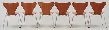 ARNE JACOBSEN, stolar, 6 st, "Sjuan", Fritz Hansen, Danmark 1950-tal.