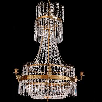 A late Gustavian gilt-brass and cut glass seven-light chandelier, circa 1800.