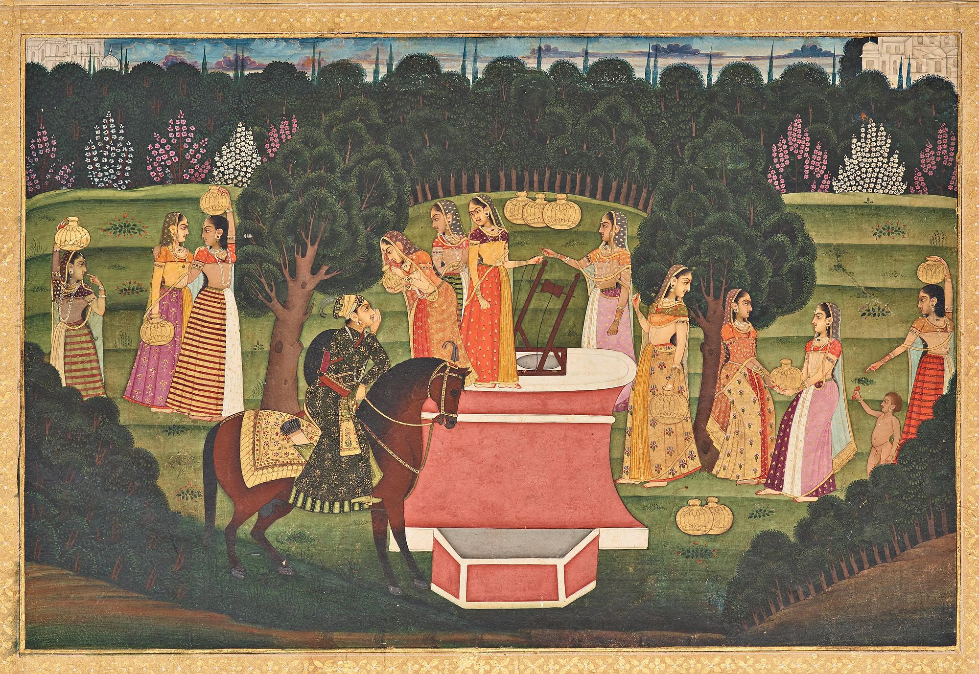 A painting of women in a garden around a well, ink and color on paper, India, 19th Century.