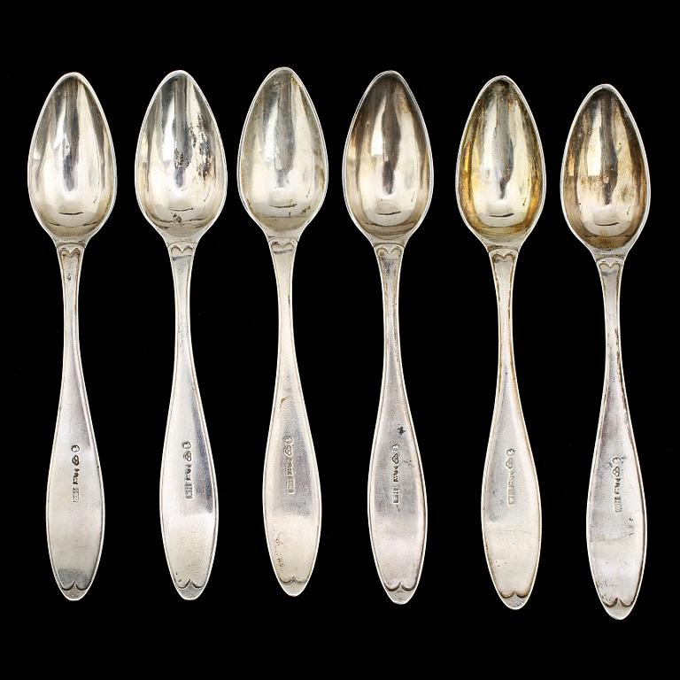 TESKEDAR, 6 st, silver, troligen J. Wahlgren (Wahlberg), Ystad, 1838. Vikt 75g.