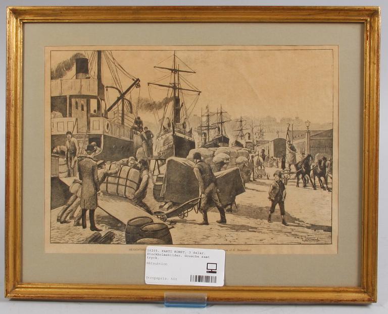 PARTI KONST, 3 delar. Stockholmsbilder. Gouache samt tryck.