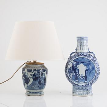A blue and white moon flask and table lamp/vase, China, 19th/20th century.