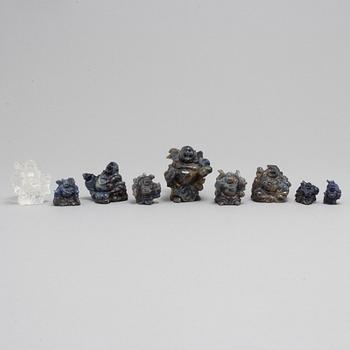 Nine Chinese figures, lapis lazuli and rock chrystal, modern production.