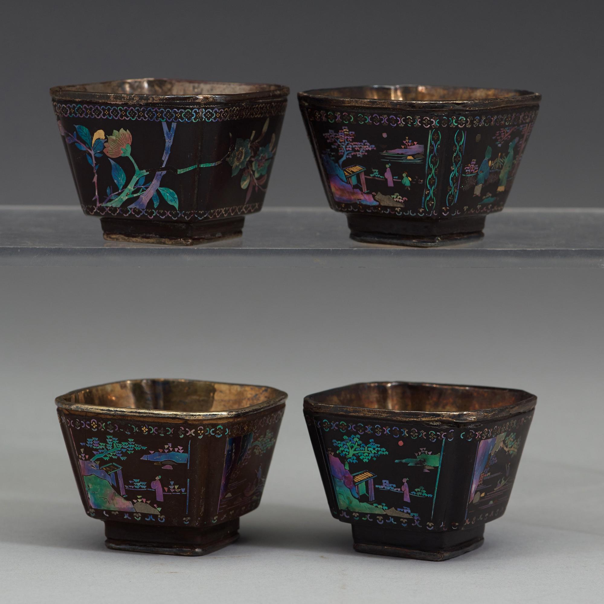 A set of four 'lac-burgauté cups, Qing dynasty, 18th Century.