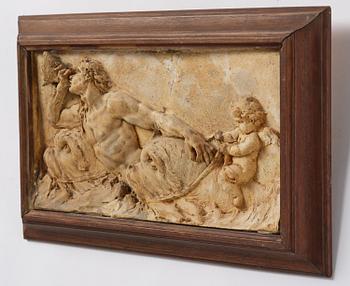 Claude Michel Clodion, attributed to, A relief depicting a nereid riding a dolphin alongside a triton blowing into a conch.