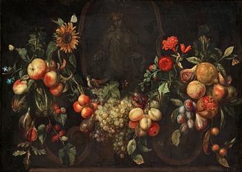 Frans Ykens, Stilleben med frukter, fåglar och insekter framför en kartusch.