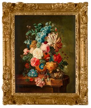 326. Paul Theodor van Brussel Äldre kopia efter, Stilleben med blommor, insekter och rede.
