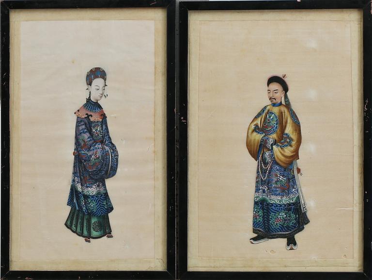 OKÄND KONSTNÄR, gouache på textil, 2 st, Kina, 1900-tal.