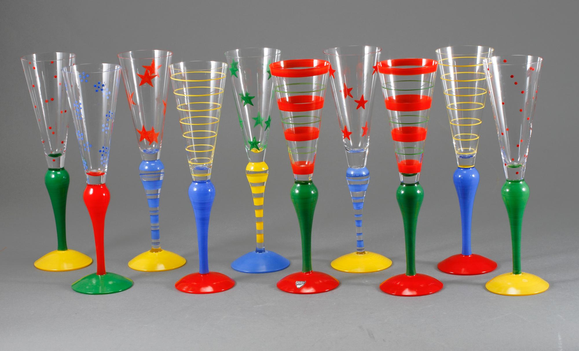 CHAMPAGNEGLAS, 10 st, "Clown", Anne Nilsson, Orrefors, 1900-talets slut.