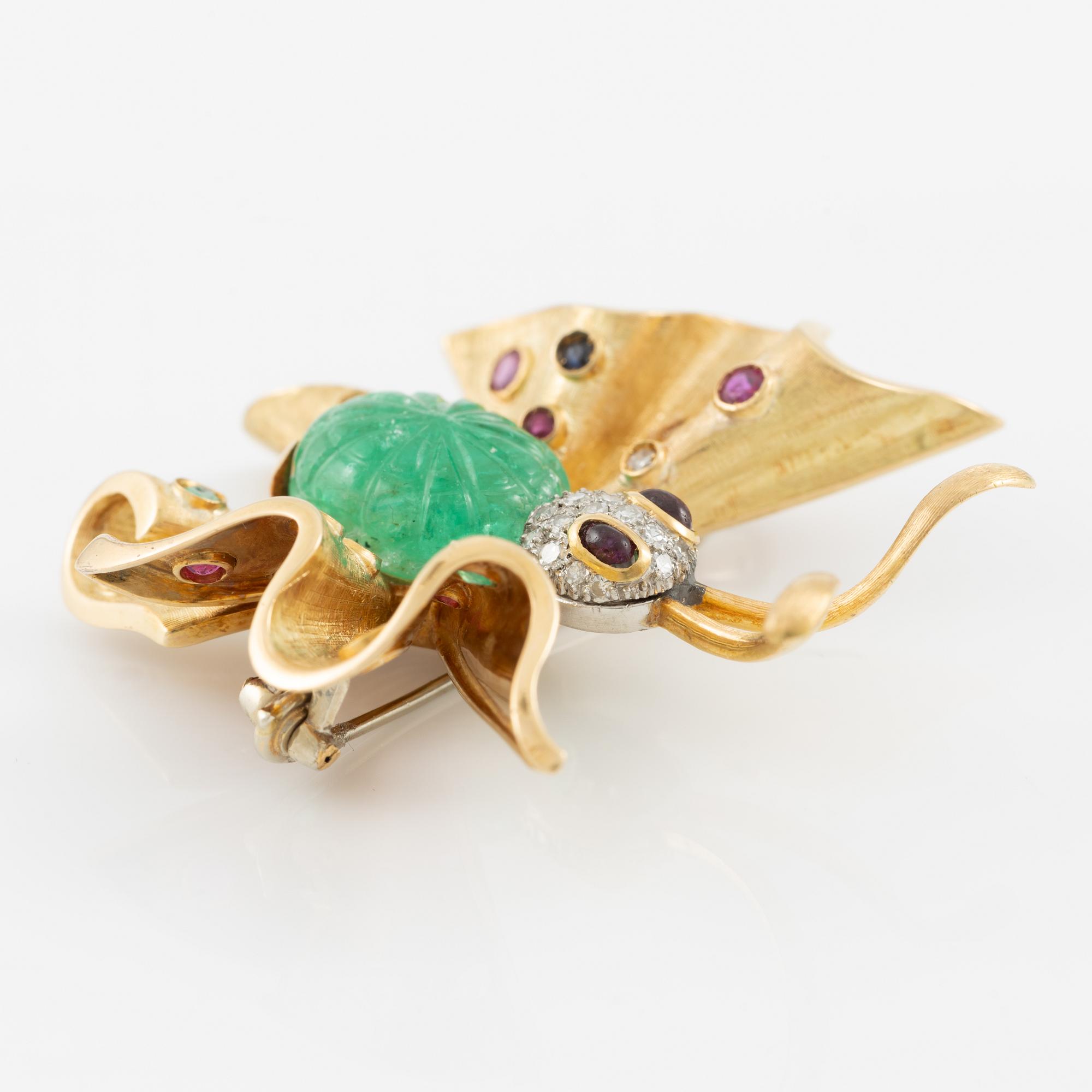 Brooch in the form of a butterfly, 14K gold with carved emerald, sapphires, emeralds, rubies, and diamonds. Second half of the 20th century.