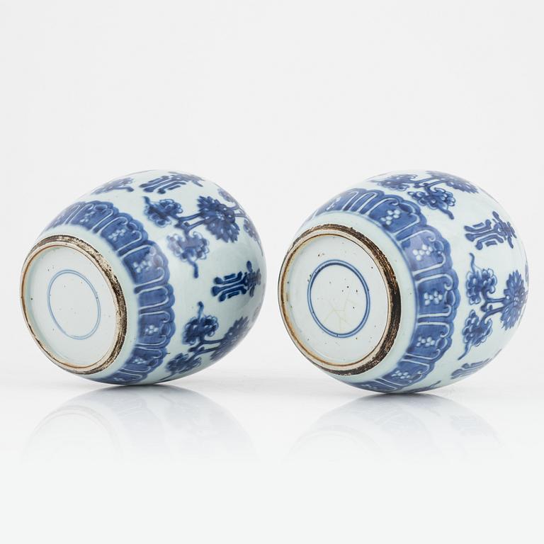 A pair of Chinese blue and white jars, Qing dynasty, 18th Century.