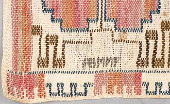 Märta Måås-Fjetterström, vävnad, "Grodblad röd", inplock på linnebotten, ca 27,5 x 88,5 cm, signerad AB MMF.