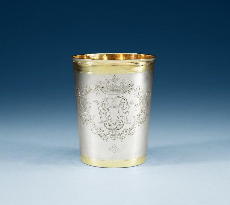 A Russian 18th century parcel-gilt beaker, unidentified makers mark, Moscow 1730.