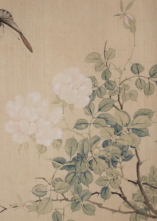 MÅLNINGAR, två stycken, tusch och färg på siden. Lu Wenyu (1887-1974), signerad och en daterad, fjärilar.