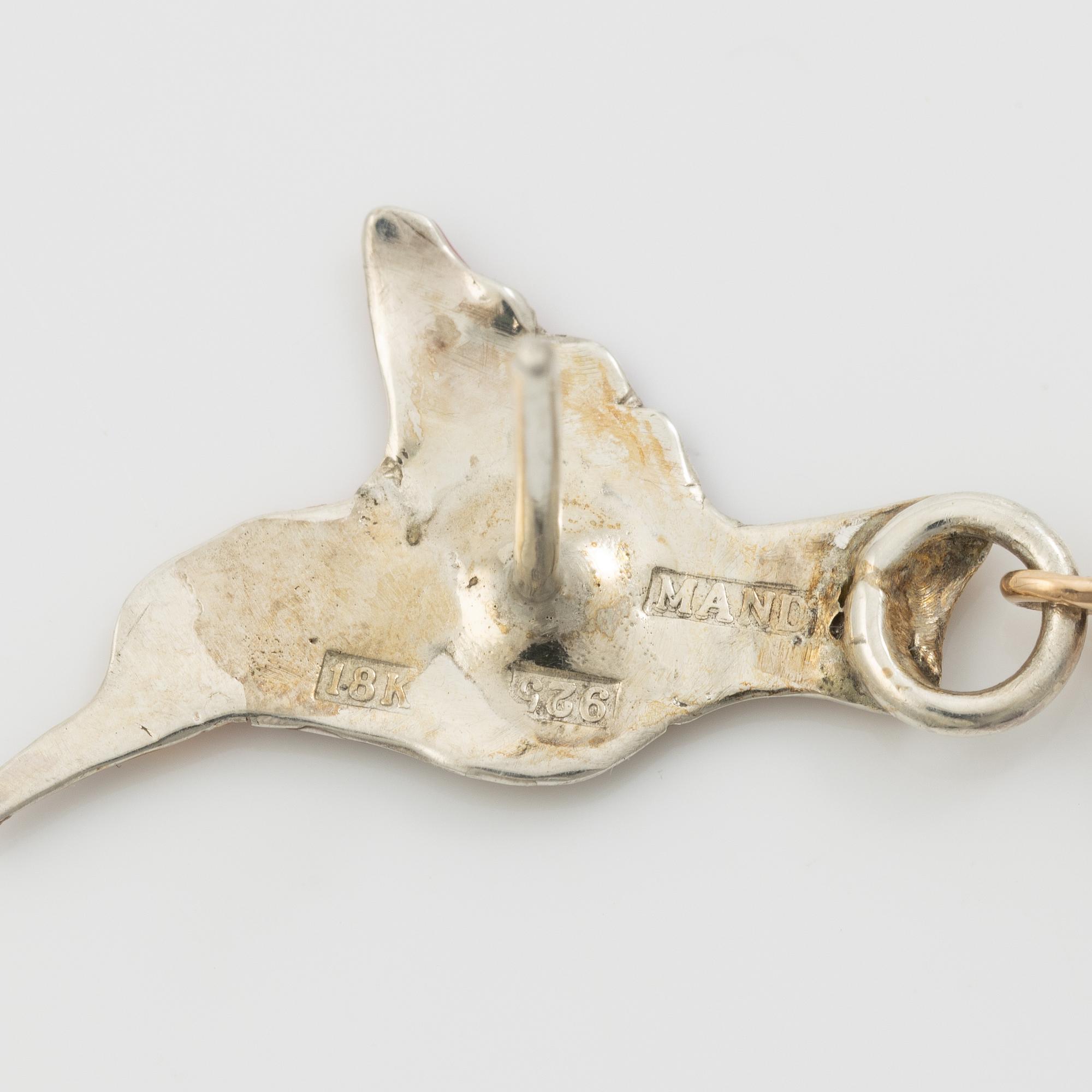 Earrings, silver, gold and enamel in the form of a hummingbird with pink opal, Mandelstam.