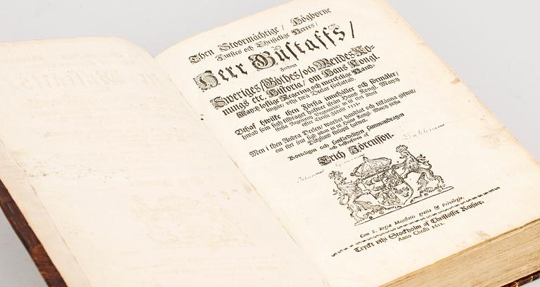 BOK, 2 delar i en vol, "Then Stoormächtige Högborne Furstes...Herr Gustaffs..." av Erich Jöransson Tegel, Stockholm 1622.