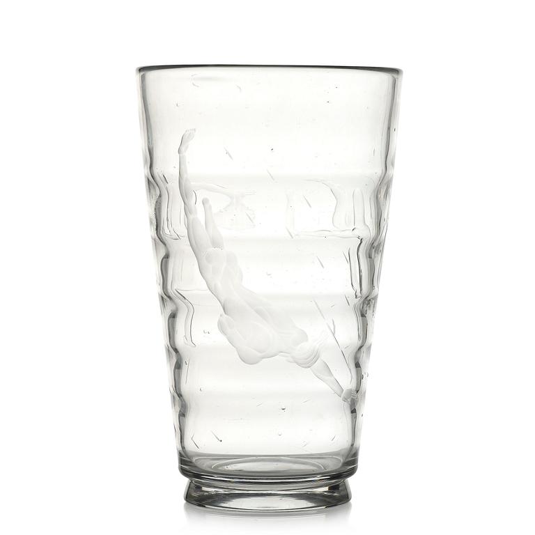Vicke Lindstrand, a "Pärlfiskare" (Pearl Fisher) engraved glass vase, model 1115, Orrefors, Sweden, 1936.