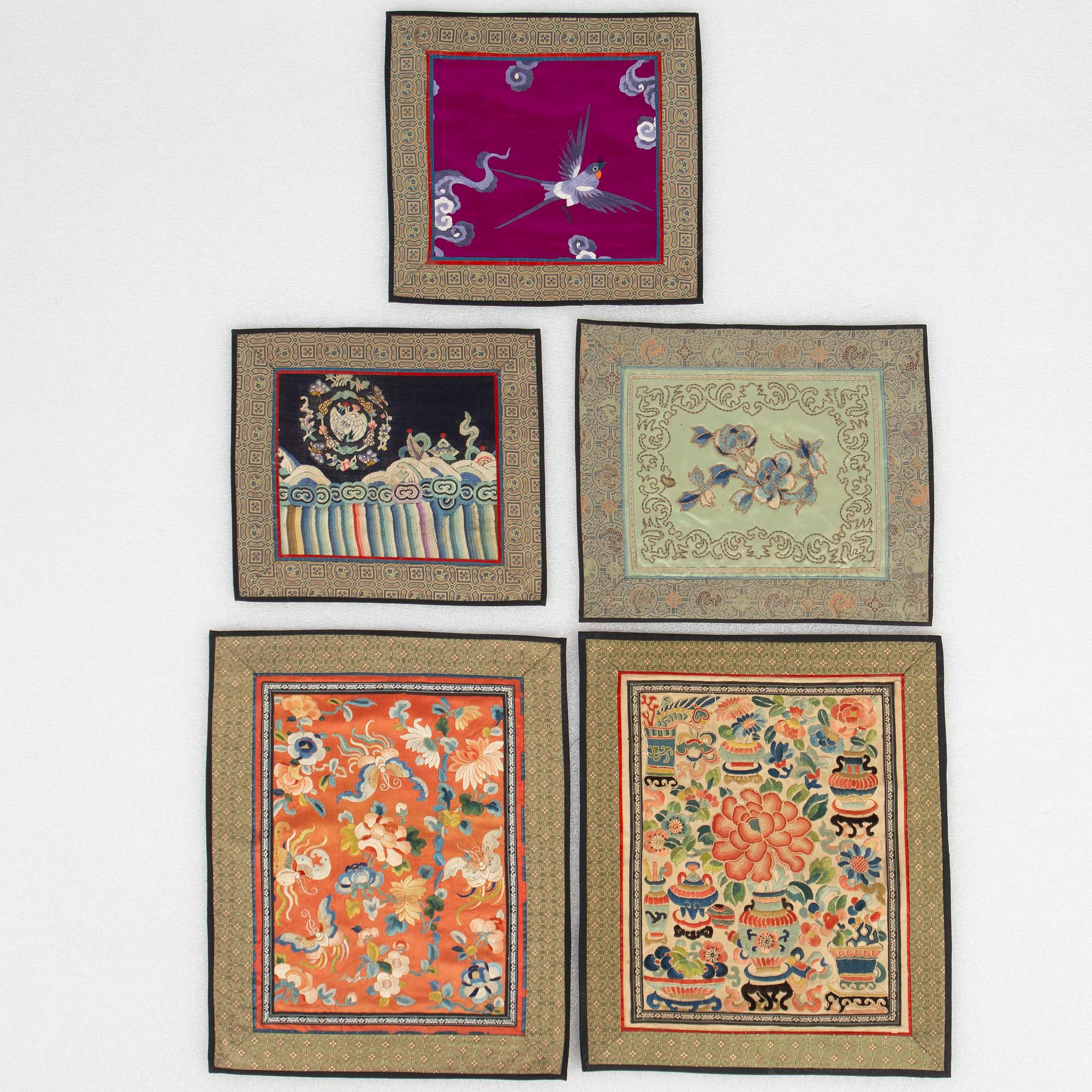 A group of five Chinese silk textiles, late Qing dynasty / first part of the 20th century.
