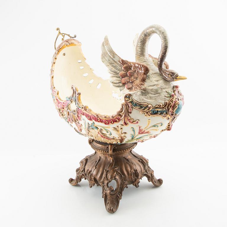 Jardinière/bowl on foot Neo-Rococo early 20th century majolica and metal.
